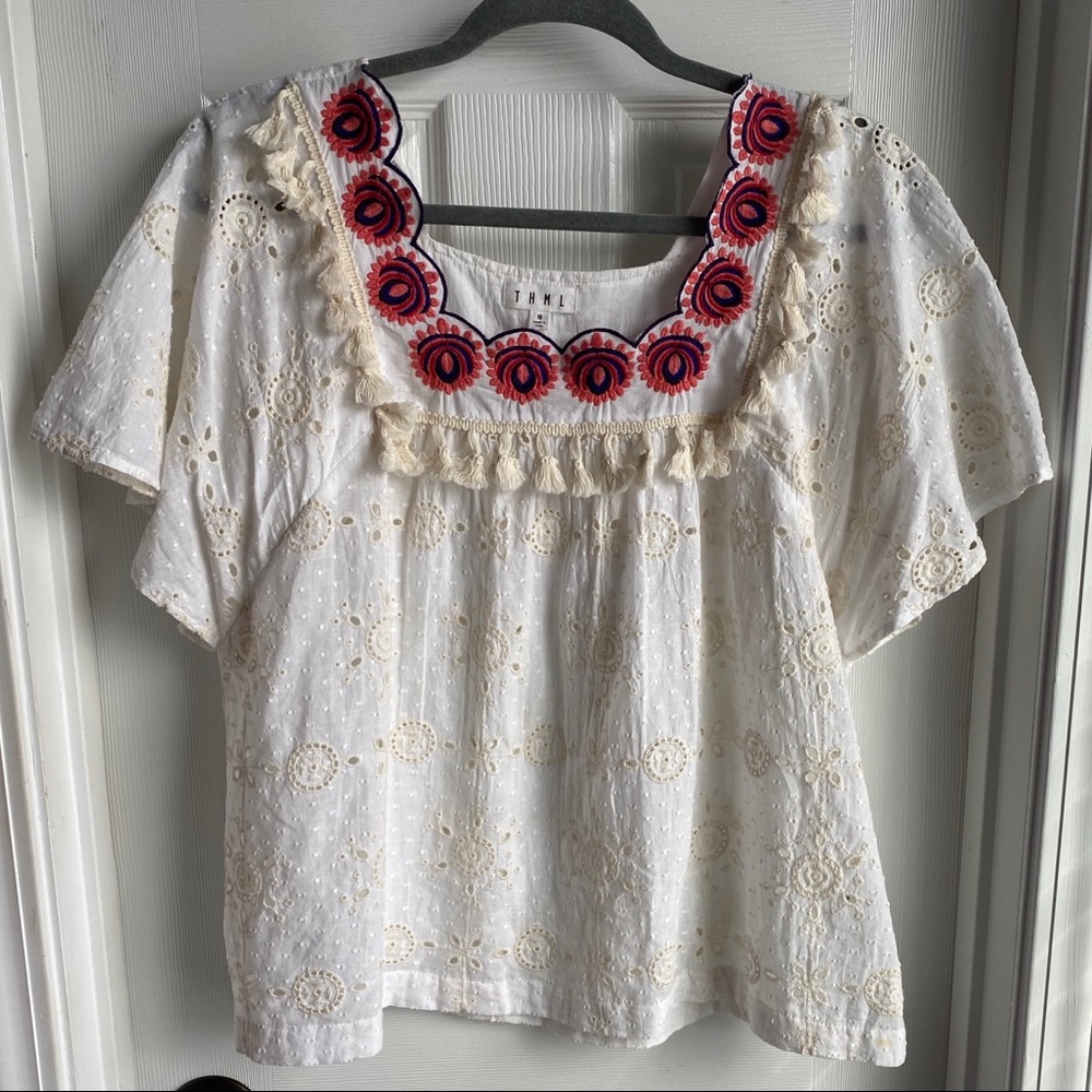 THML Embroidered Floral and Fringe Babydoll Top
